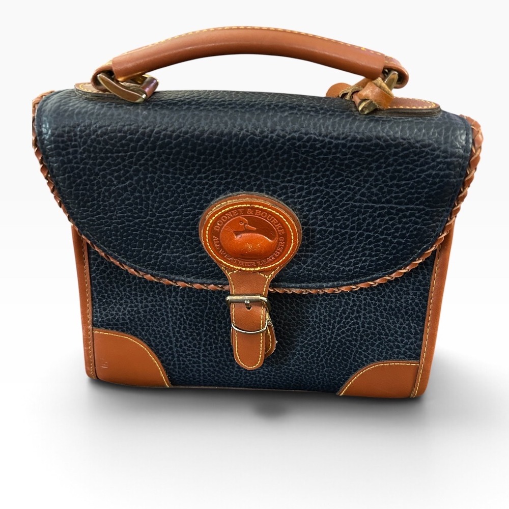 Dooney & Bourke All Weather Leather Vintage Top Handle Bag Navy Tan Braided Trim